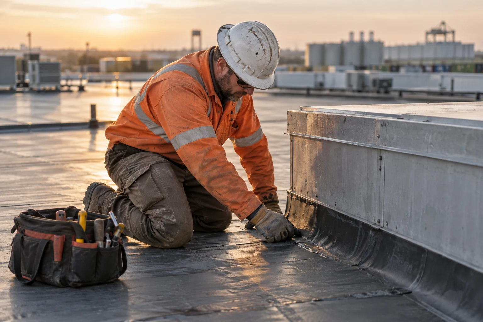 Commercial roofer examining flashing at a mechanical curb on an industrial roof