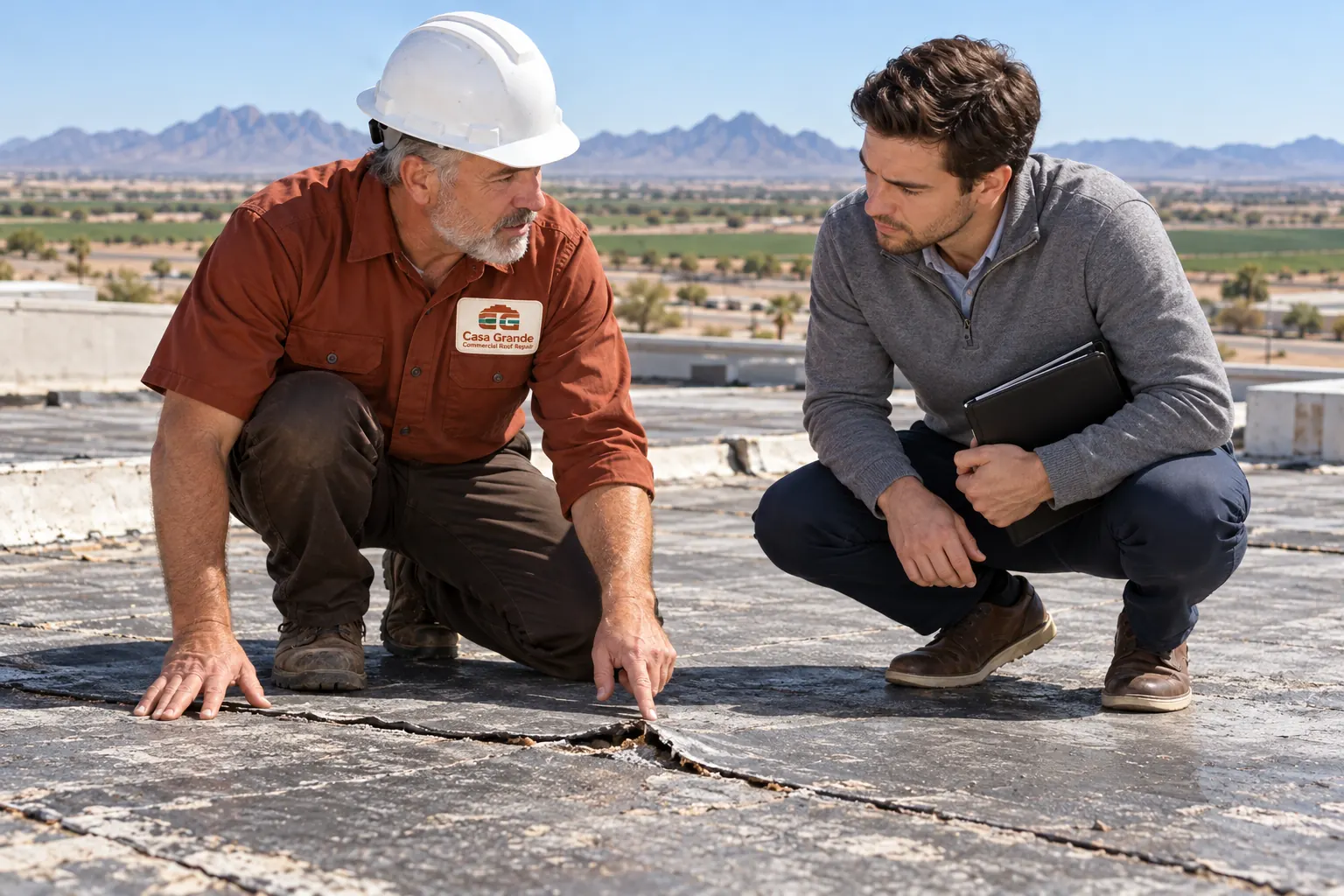 Roofer pointing out a split seam on a flat roof to a building manager