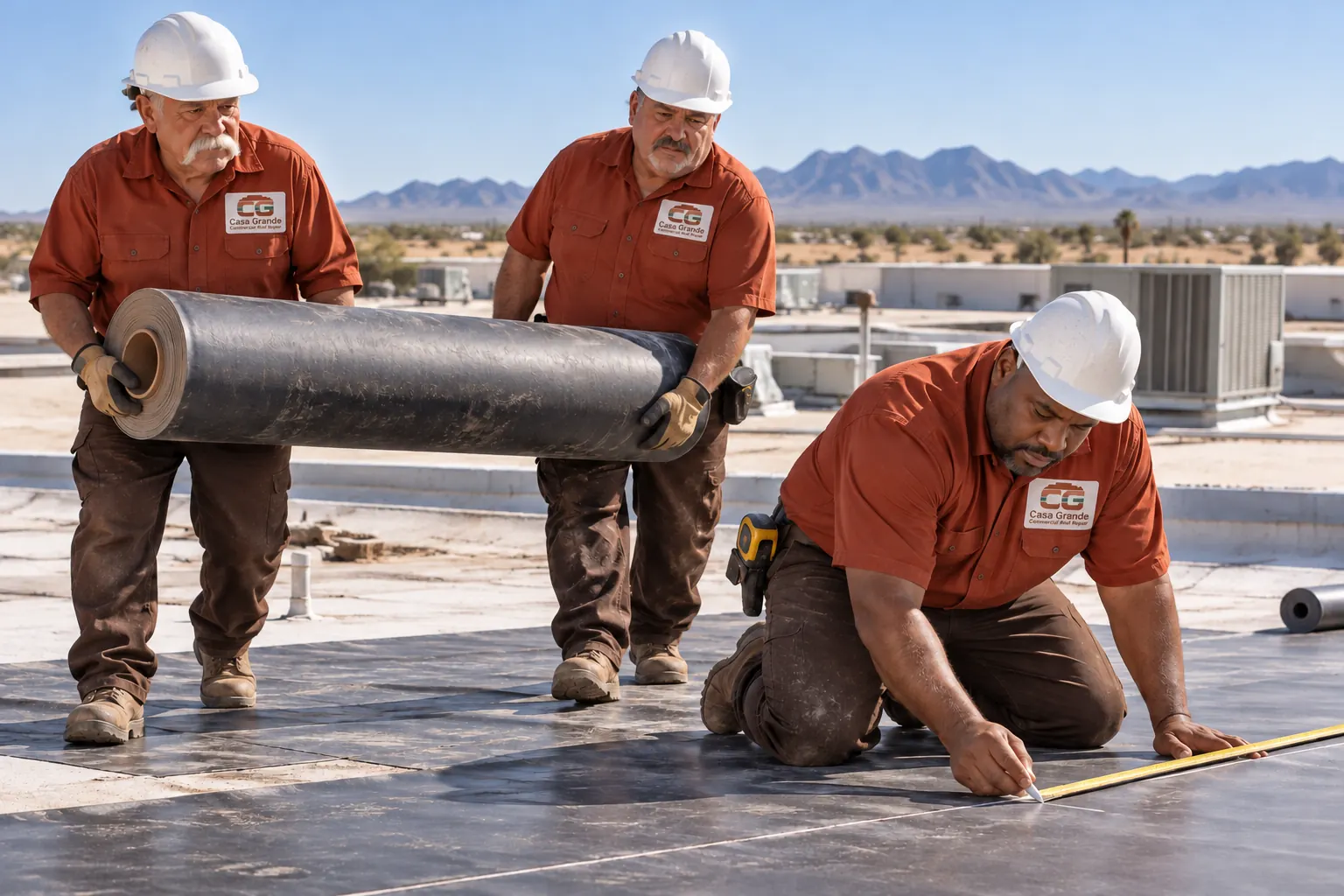 Roofers carrying a roll of membrane across a flat roof while another marks a cut line