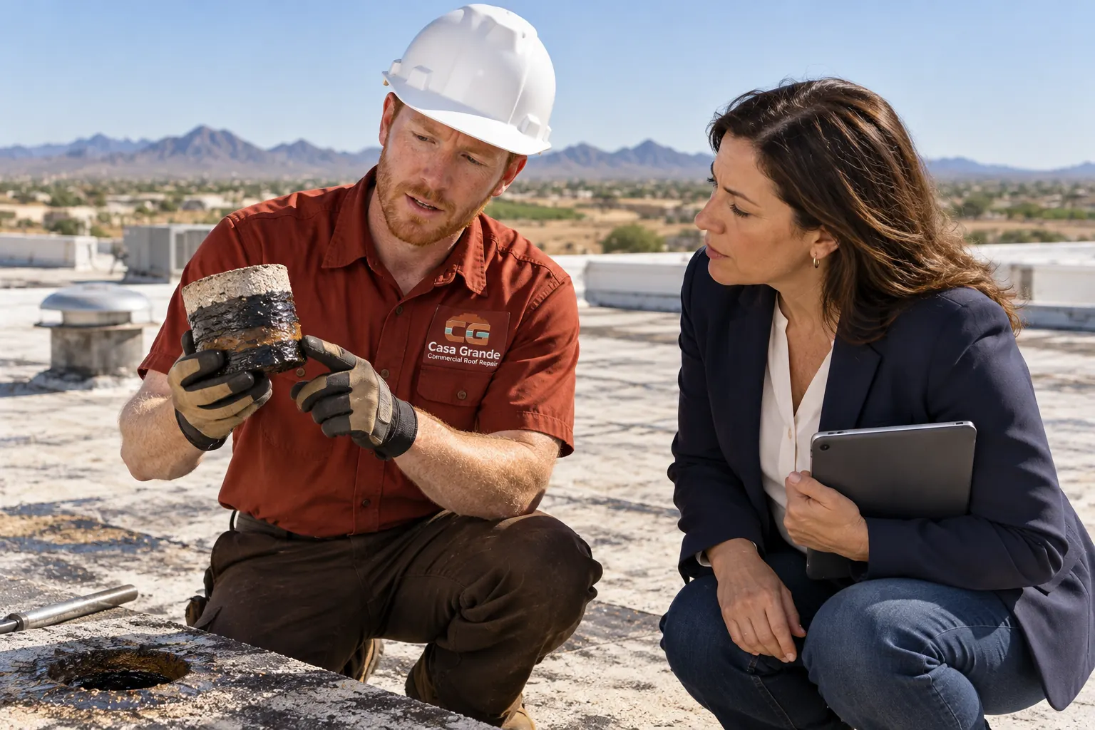 Roofer showing a property manager the layers of a core sample from a flat roof