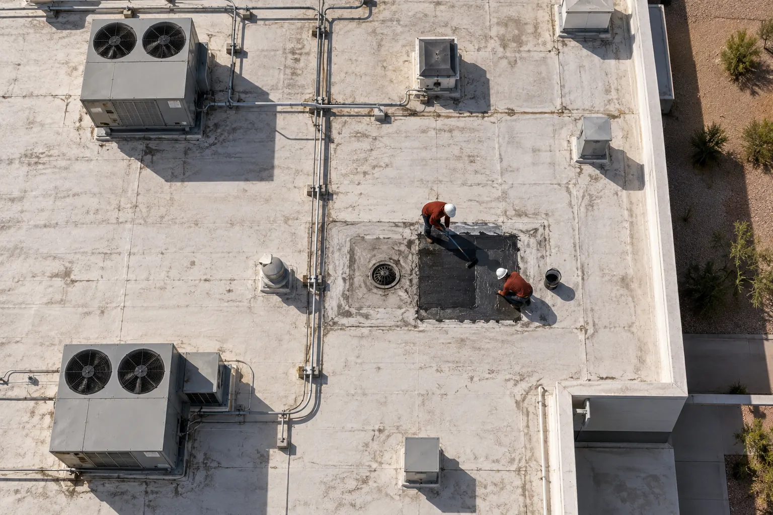 Overhead view of roofers patching a flat roof around a drain