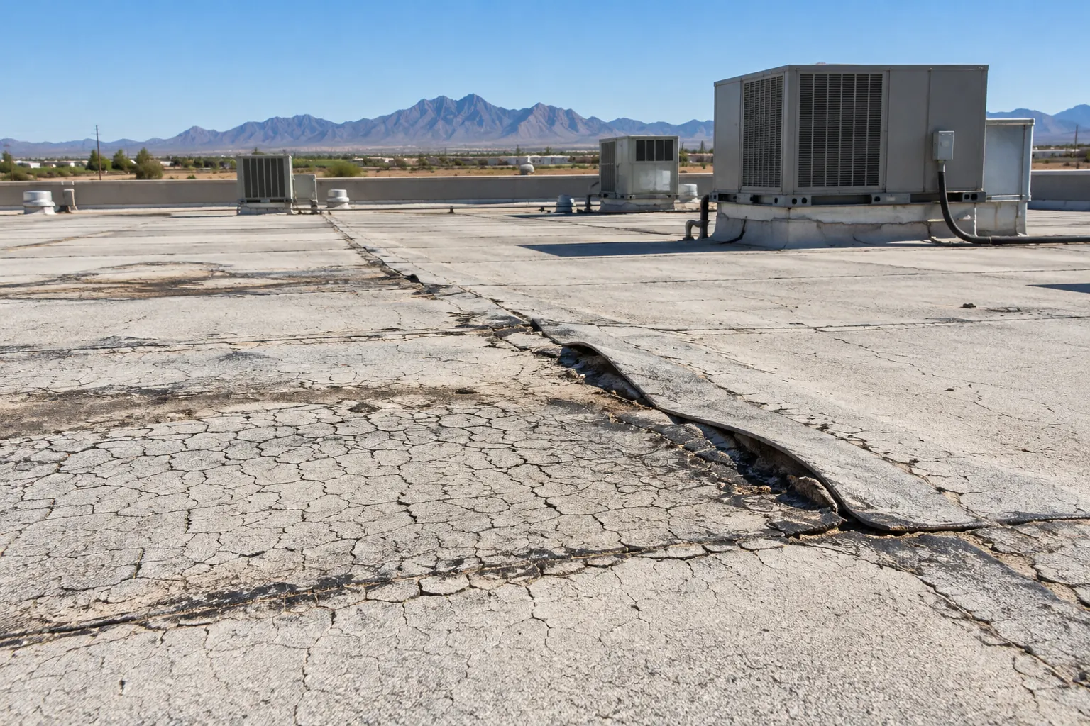 Aged flat roof membrane with a lifted seam near rooftop units