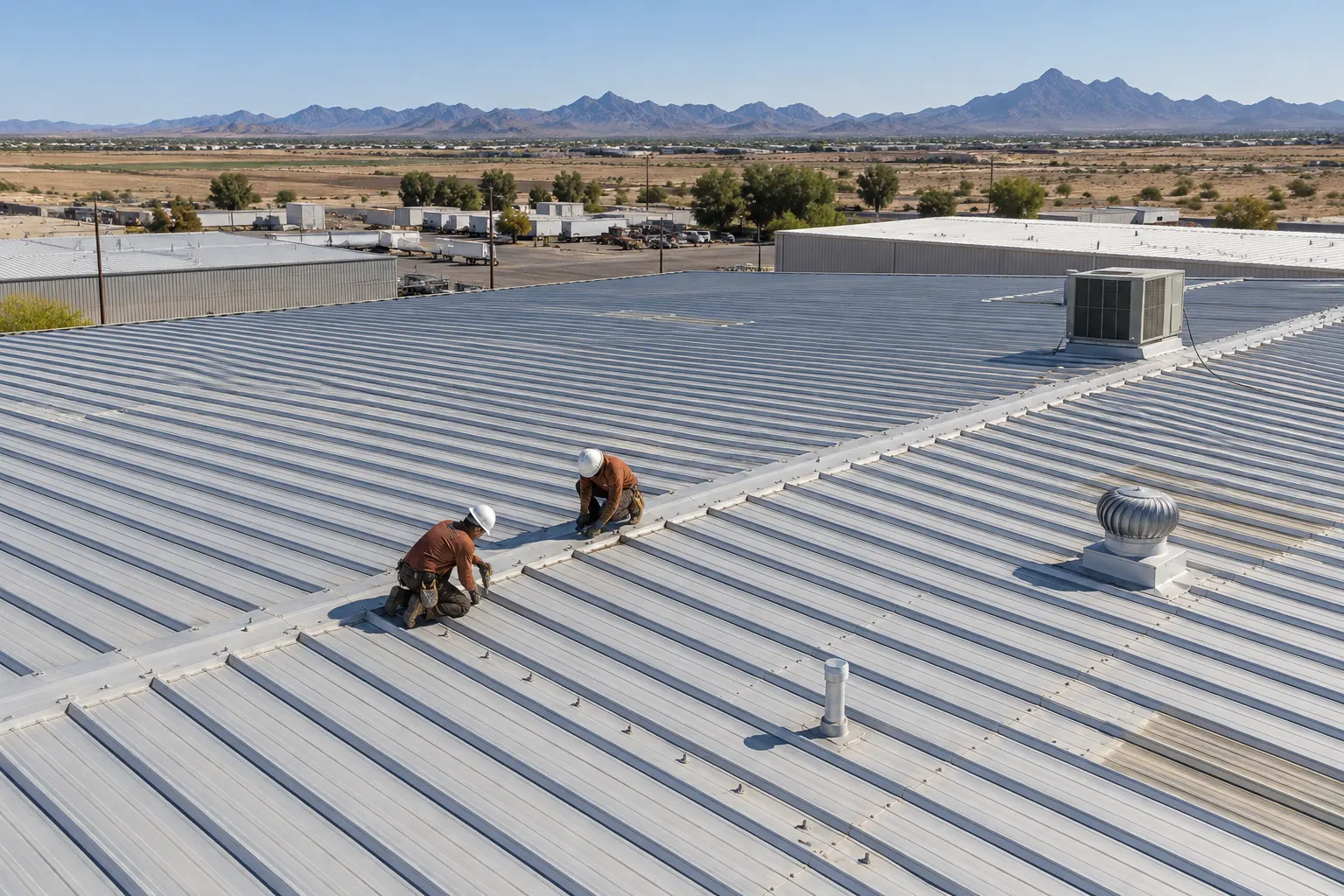 Roofers replacing fasteners along the panels of a metal roof