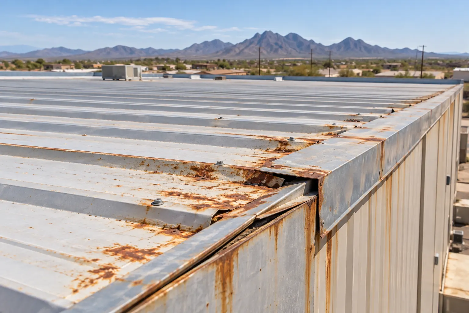 Rust along the fastener lines and a separated ridge cap at the eave of a metal roof
