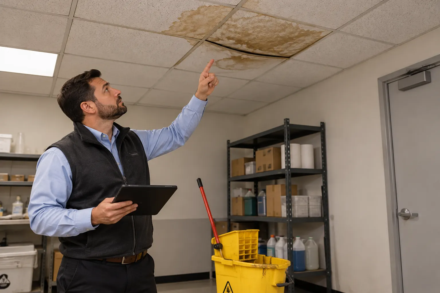 Facility manager pointing at a water-stained ceiling tile