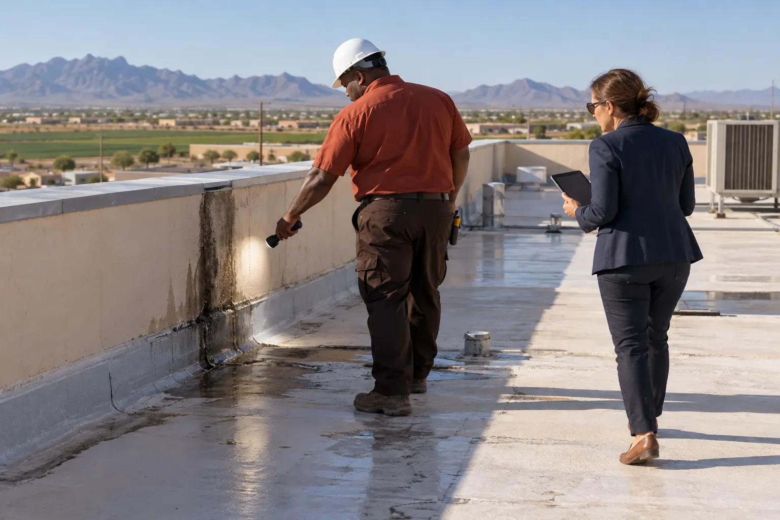 Roofer tracing a water trail down the inside face of a parapet wall with a flashlight