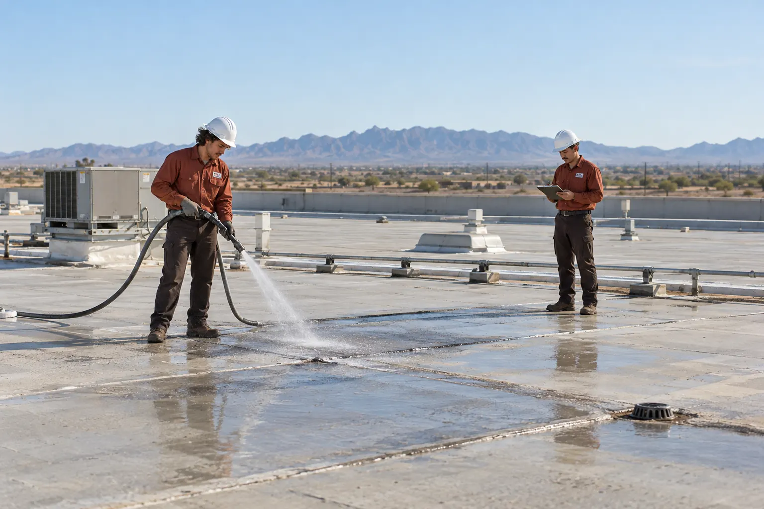 Roofer running a controlled water test at one seam while a second roofer watches with a clipboard