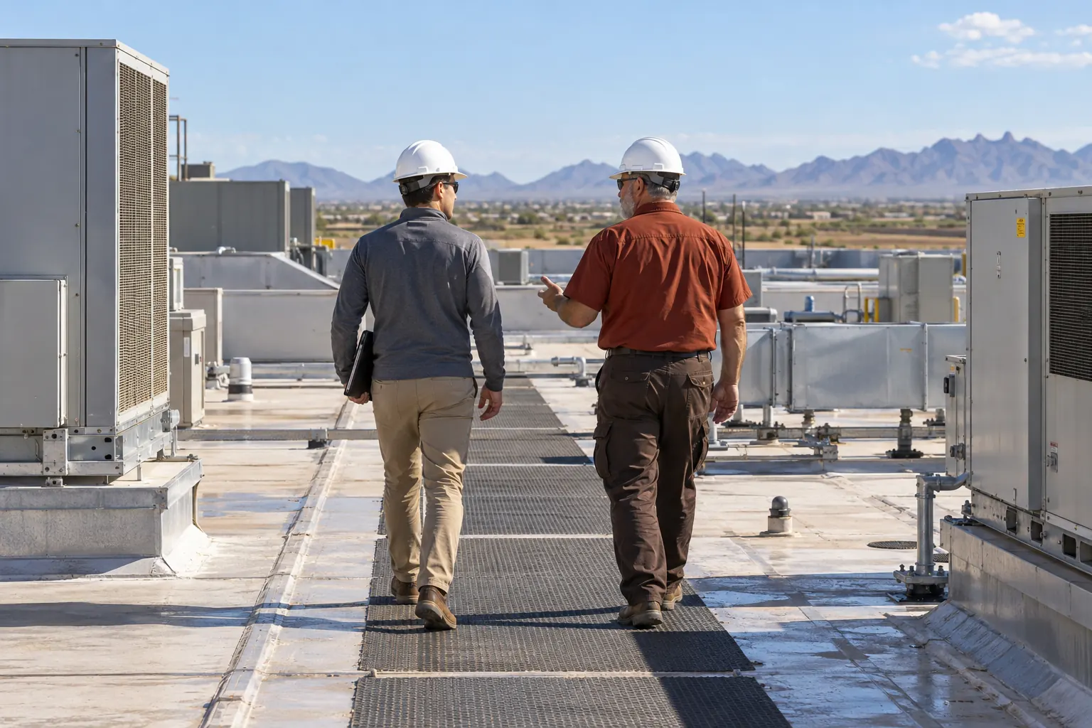Roofer and property manager walking a walkway pad between rooftop HVAC units on an industrial roof