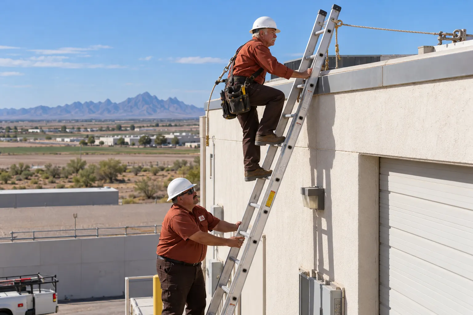 Roofer climbing a tied-off ladder to the edge of a commercial roof