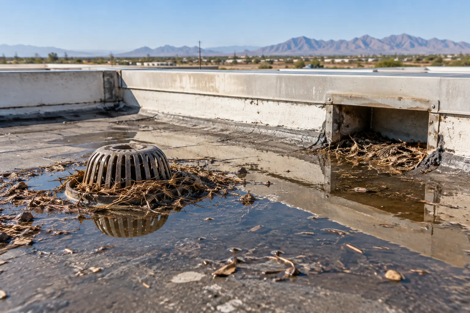 Through-wall scupper packed with debris at the parapet of an older flat roof