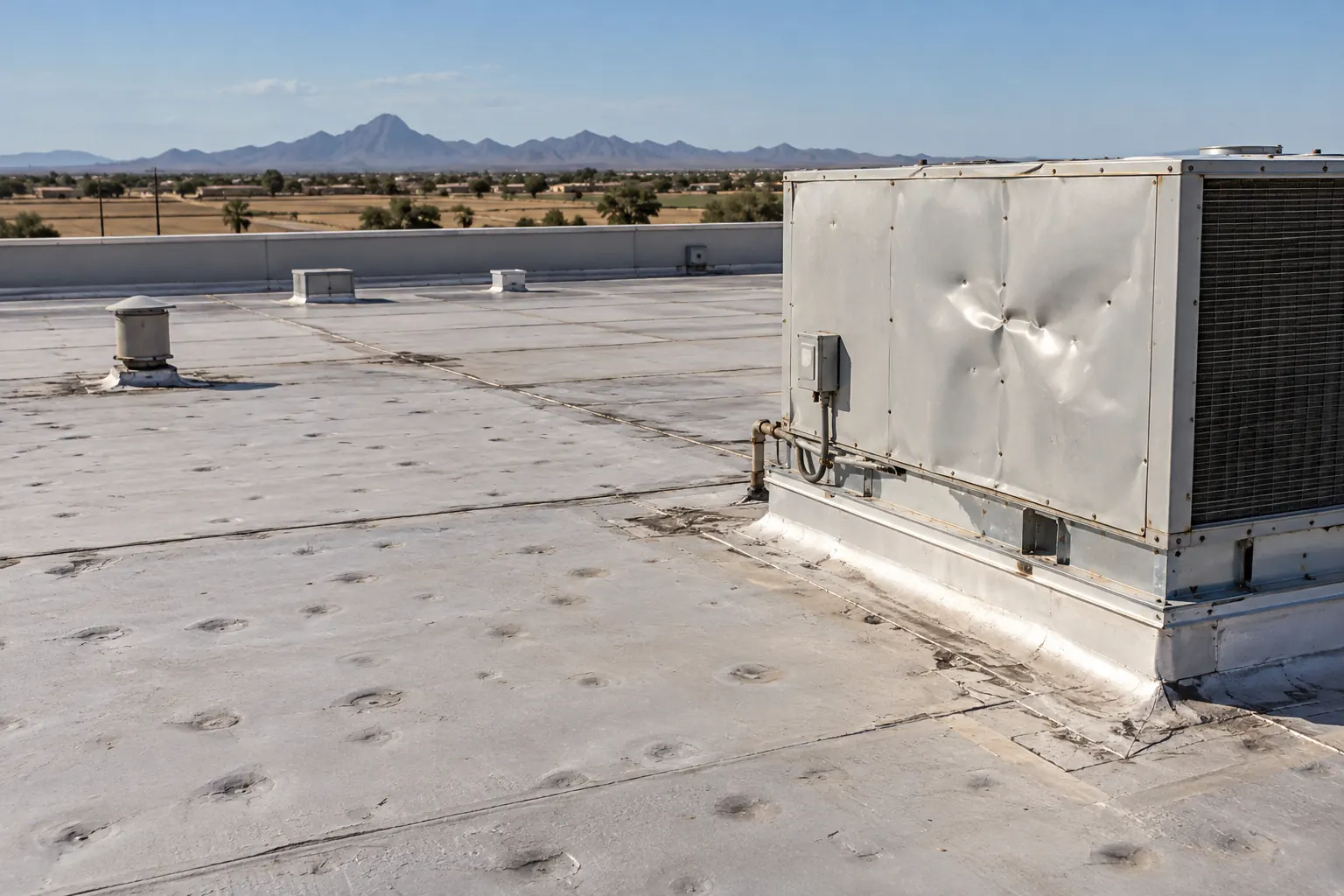 Dented rooftop unit and pocked membrane on a commercial roof after a storm