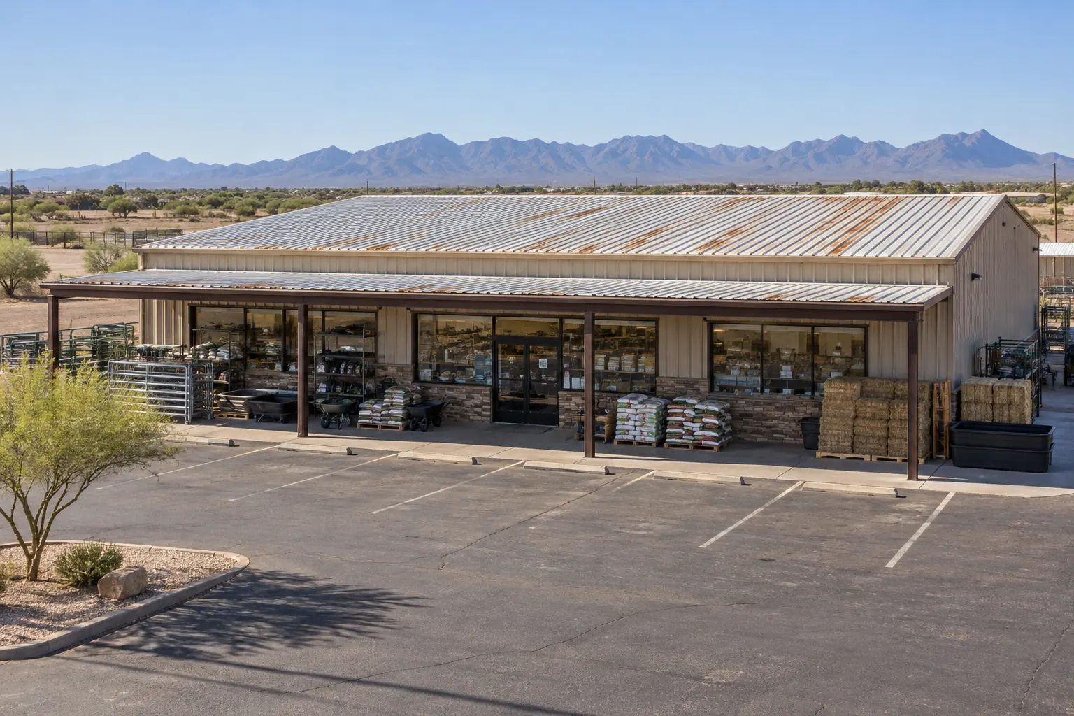 Metal farm-supply building with a weathered exposed-fastener roof and covered porch