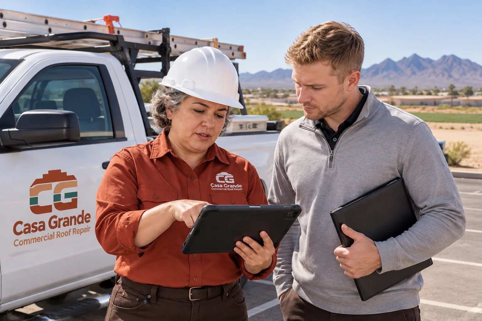 Roofer reviewing roof photos on a tablet with a property manager