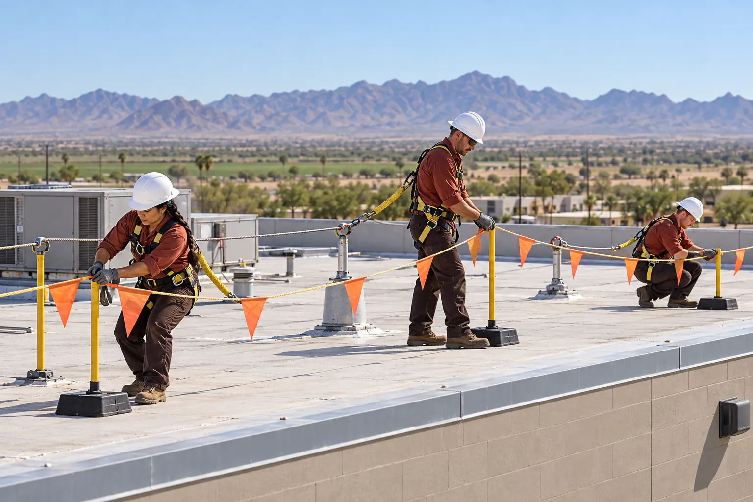 Roofers setting a flagged warning line and tie-off posts along a roof edge